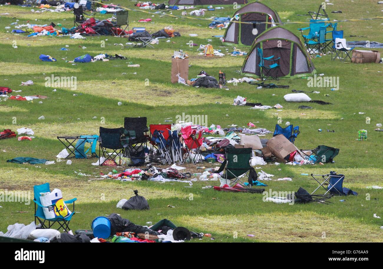Rubbish at one of the T in the Park music festival campsites at Balado in Kinross-shire as the event will move to Strathallan Castle estate in Perthshire next year. Stock Photo