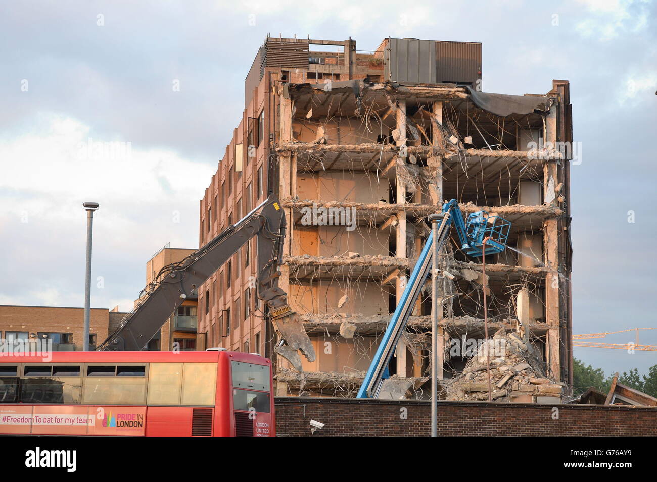 Hounslow House on London Road, Hounslow where a third of the building collapsed, sending debris into the street. Stock Photo