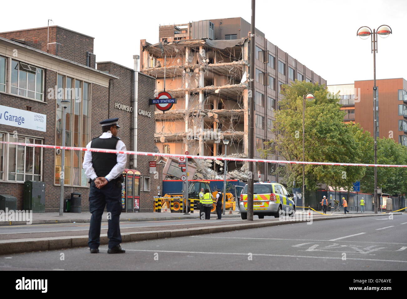 Hounslow House on London Road, Hounslow where a third of the building collapsed, sending debris into the street. Stock Photo