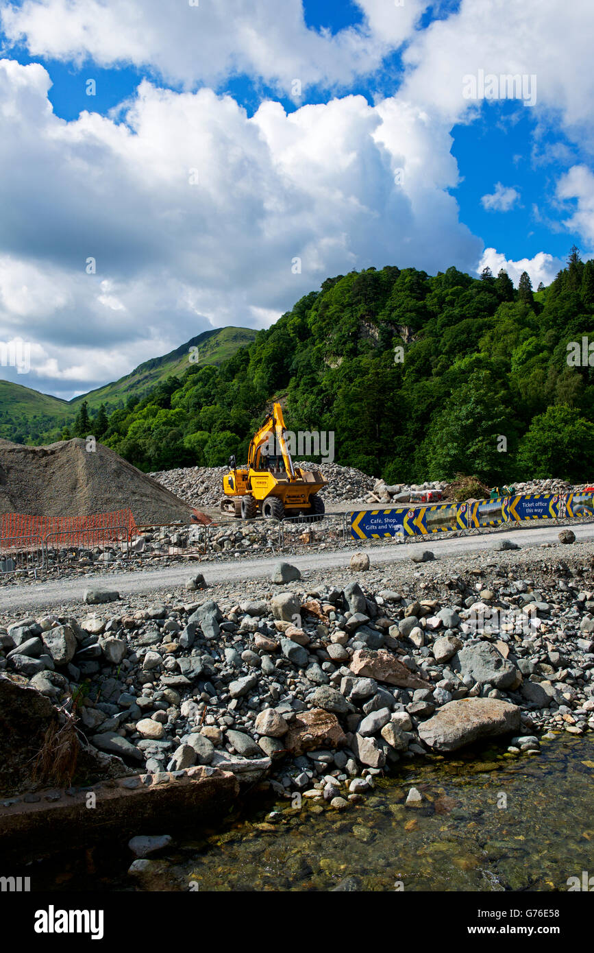 Rocky debris: the aftermath of flooding in the village of Glenridding, Lake District National Park, Cumbria, England UK Stock Photo