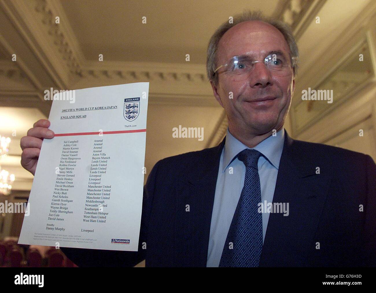 England Manager Sven Goran Eriksson holds the list of players names in his squad that he picked for the World Cup Finals in Japan & South Korea, Cafe Royal Hotel, London. Stock Photo