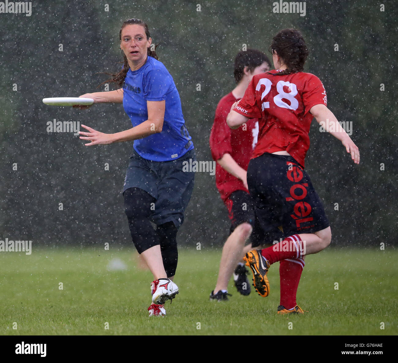 STANDALONE Photo. Louise Dyring Mbae of the Copenhagen Spinners against the Rebel Ultimate team from Ireland, during the the inaugural outdoor mixed Golden Keg Ultimate Frisbee Tournament at John Paul II Park in Dublin. Stock Photo