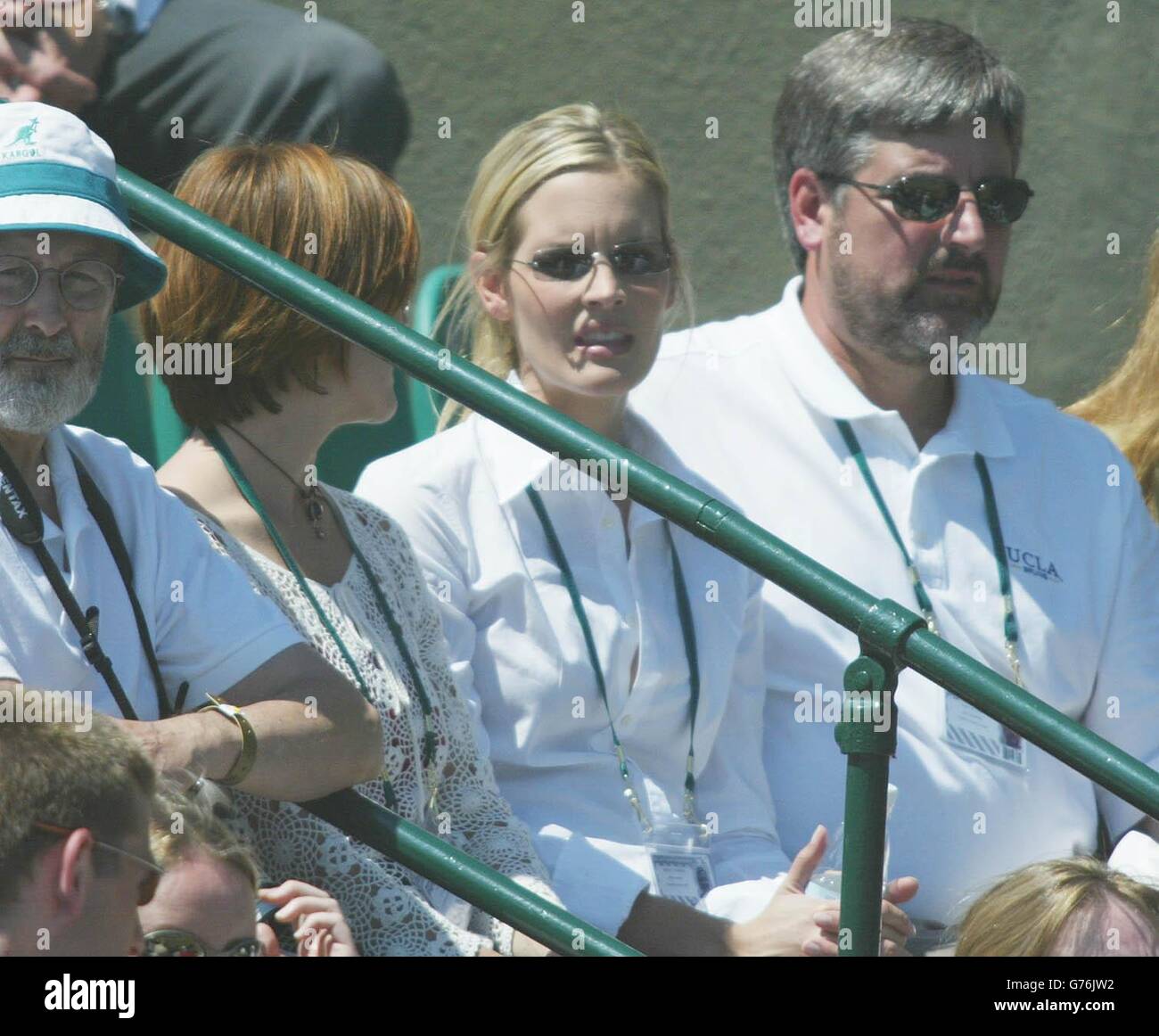 Bridgette Sampras (centre) looks on as her husband and seven times Wimbledon Champion Pete Sampras struggles against the un-seeded Swiss George Bastl at The All England Lawn Tennis Club. Stock Photo