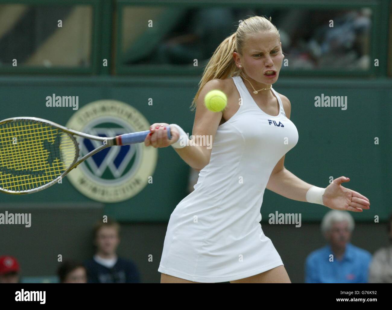 Yugoslavian Jelena Dokic, the 7th seed in action before defeating Nathalie Dechy of France on Centre Court at Wimbledon. Final score 7:5/6:2. Stock Photo
