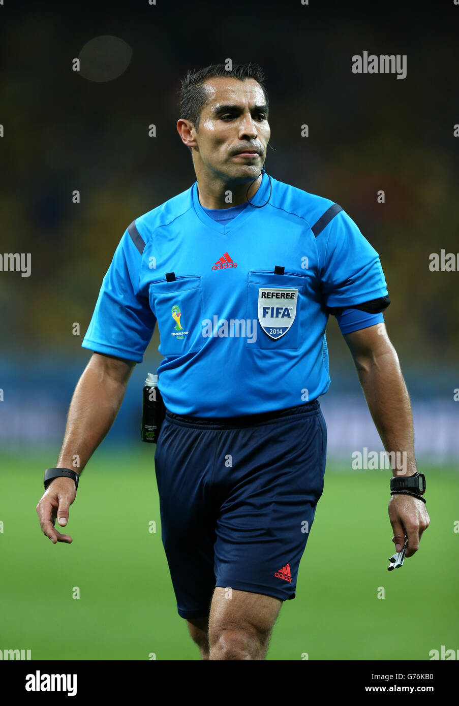 Referee Marco Rodriguez during the FIFA World Cup Semi Final at Estadio Mineirao, Belo Horizonte, Brazil. Stock Photo