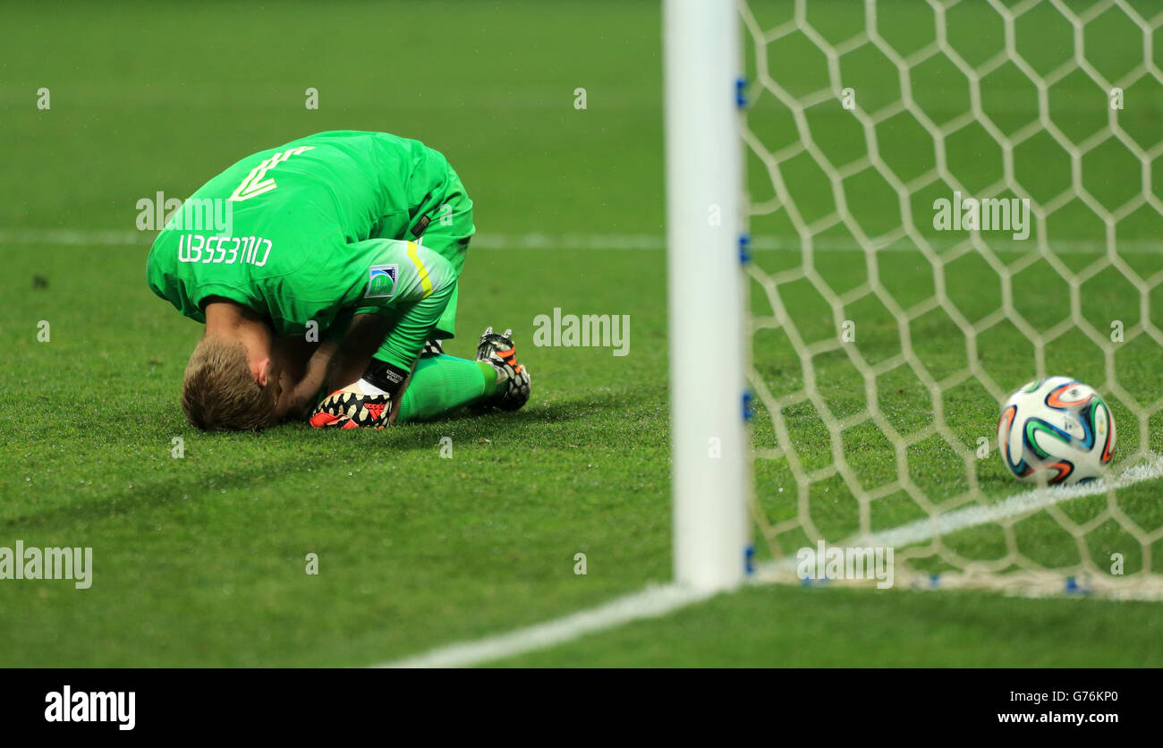Netherland goalkeeper Jasper Cillessen dejected as he fails to save a single penalty during the shootout Stock Photo
