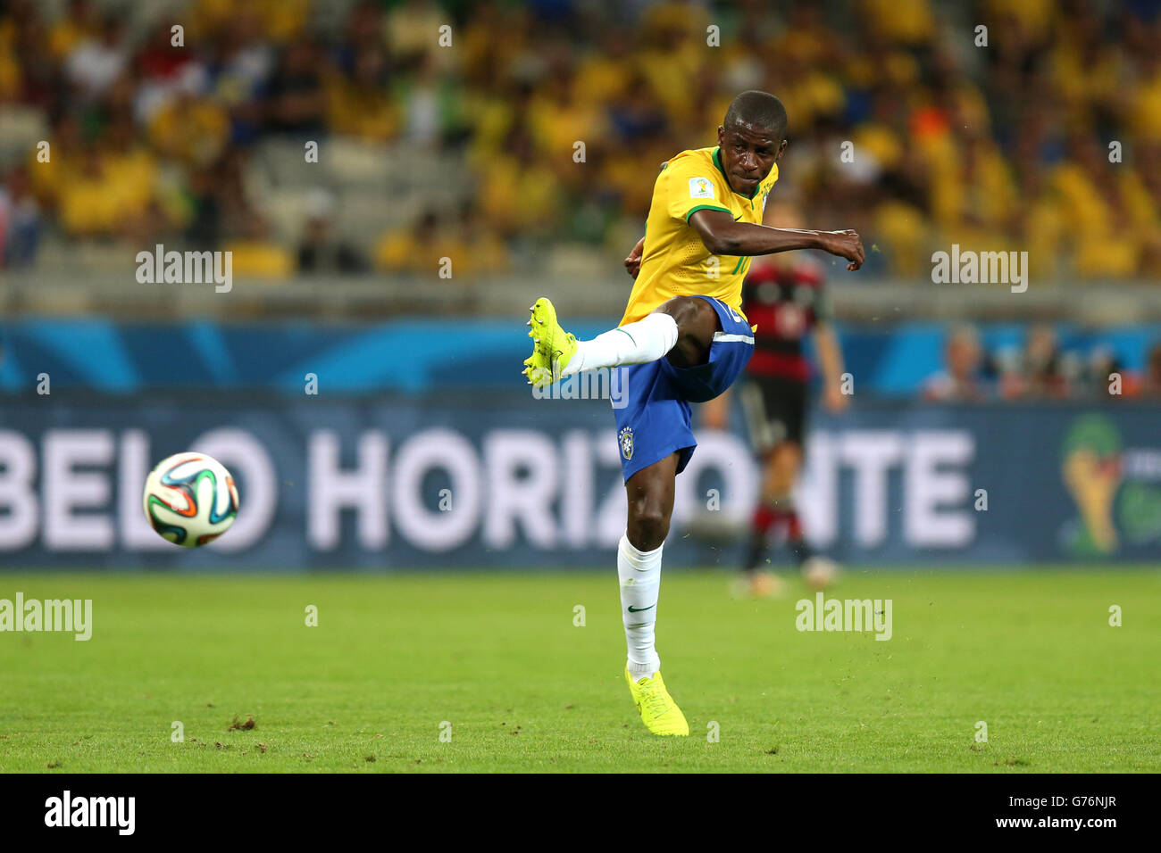 Soccer - FIFA World Cup 2014 - Semi Final - Brazil v Germany - Estadio Mineirao. Brazil's Ramires has a shot on goal Stock Photo