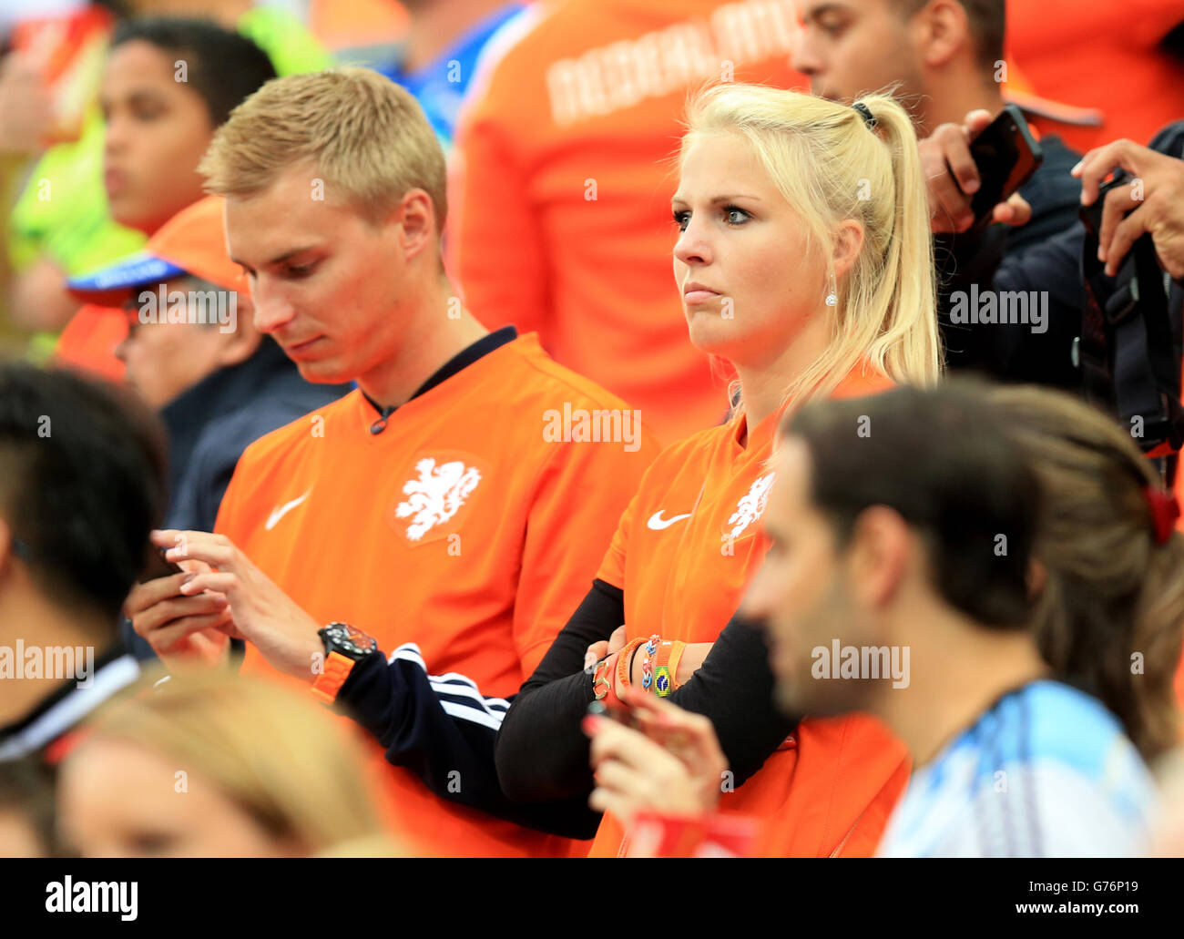 Soccer - FIFA World Cup 2014 - Semi Final - Netherlands v Argentina - Arena de Sao Paulo. Jasper Cillessen of Holland, girlfriend Joan Klooster watch from the stands Stock Photo