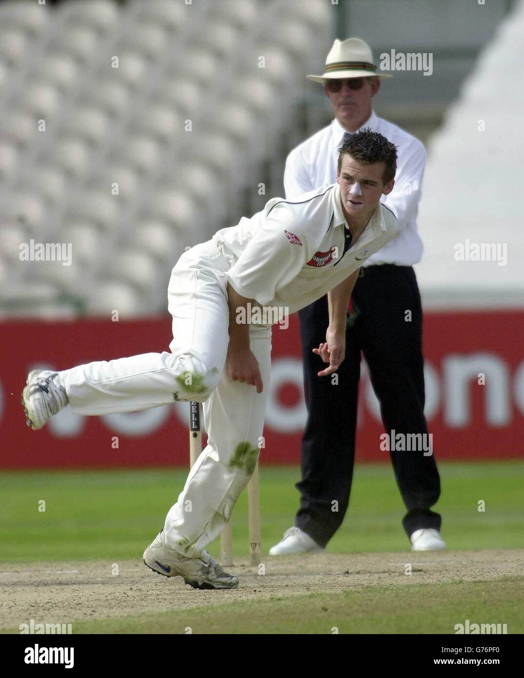 Yorkshire's 17 year old bowling prospect Nick Thornicroft on his debut for his county against Lancashire during their Frizzell County Championship Division One match at Old Trafford Manchester. Stock Photo