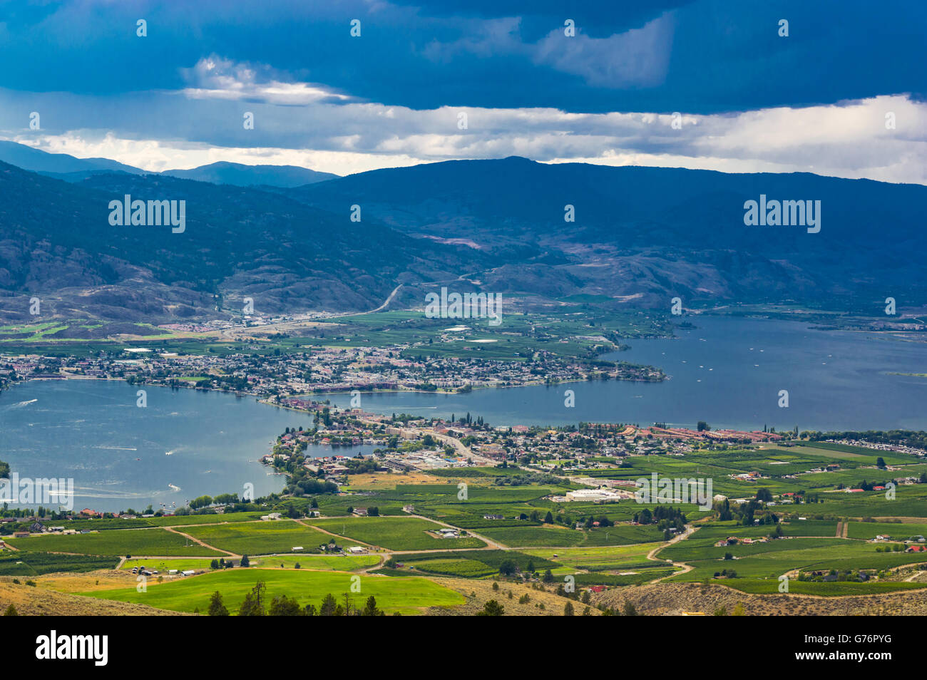 Osoyoos British Culumbia Canada and Osoyoos Lake from a high viewpoint above the valley Stock Photo