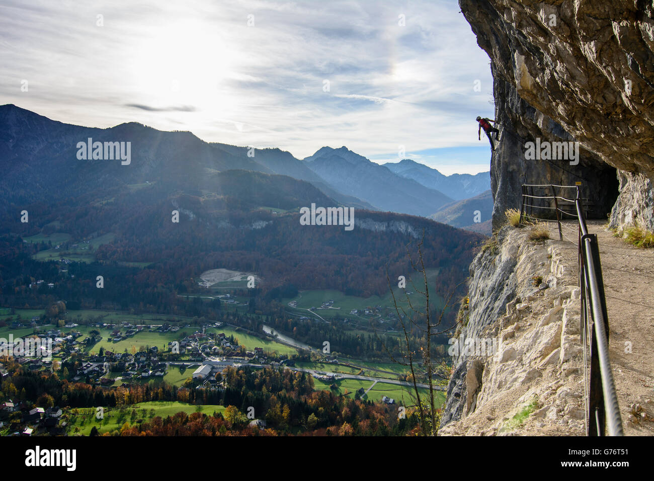 rock wall Ewige Wand, view to Bad Goisern, via ferrata, Bad Goisern am Hallstättersee, Austria, Oberösterreich, Upper Austria, S Stock Photo