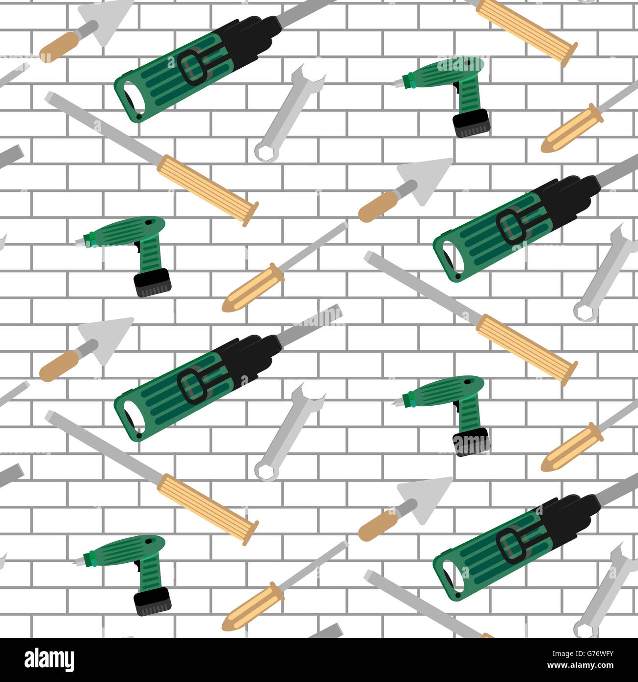 Pattern tools construction on brick wall. Repair work tool, illustration screwdrive and punch, chisel, and trowel vector Stock Photo