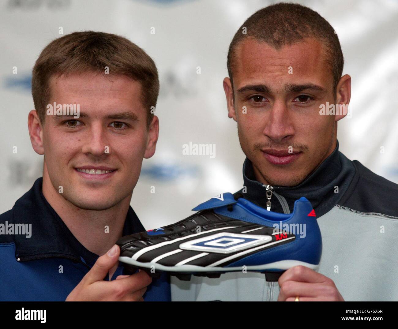 England and Sweden strikers Michael Owen and Henrik Larsson go head to head  at Old Trafford, Manchester at the launch of the new XAI Umbro boot ahead  of their countries match in