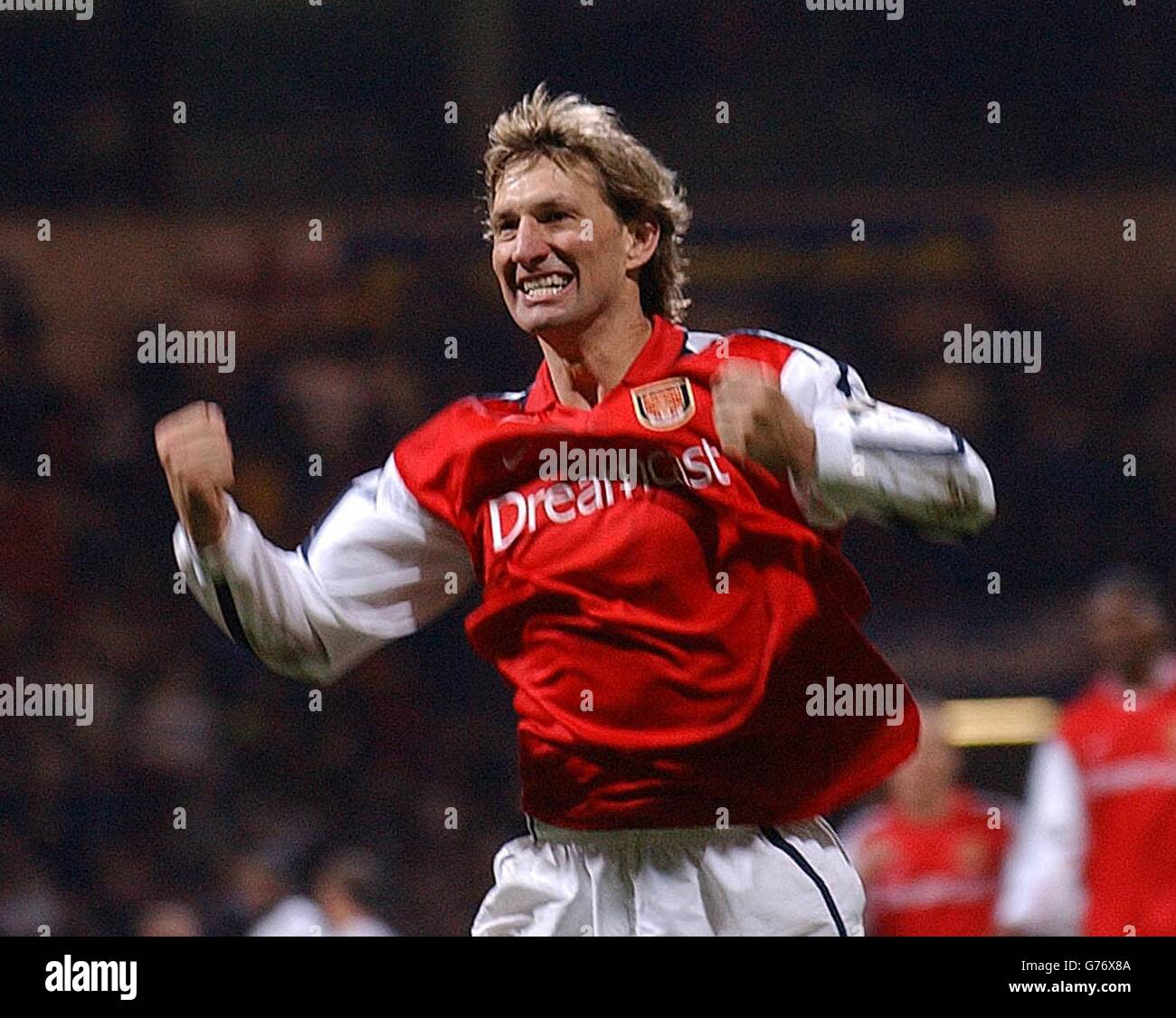 Arsenal Captain Tony Adams shows his delight as Arsenal beat Bolton 2.0 in their Barclaycard Premiership Match at the Reebok Stadium. Stock Photo