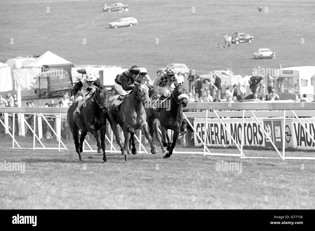 Count Pahlen (centre), with Geoff Baxter riding, wins the Blue Riband Trial Stakes at Epsom, followed by Steel Bay with J Reid (left) and Vin St Benet with R Curant (right). Behind in fourth place is Lester Piggott on Bancario. Stock Photo