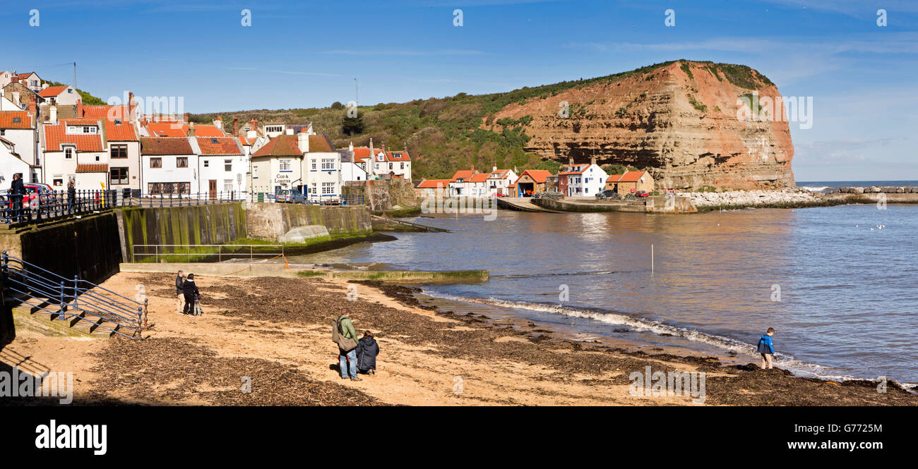 UK, England, Yorkshire, Staithes, harbour and village, panoramic, looking towards Cowbar Nab Stock Photo