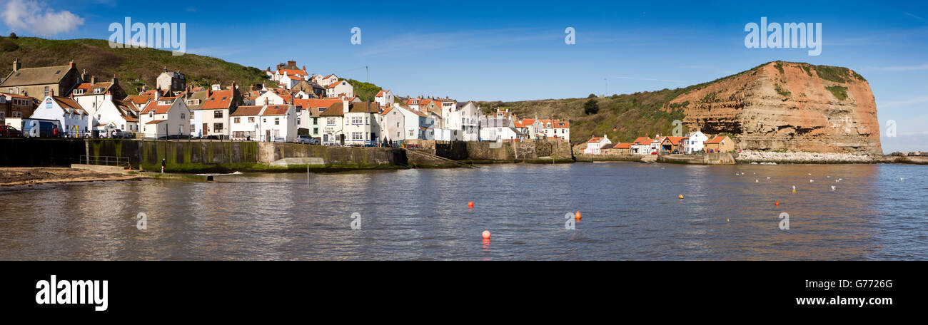 UK, England, Yorkshire, Staithes, harbour, village and Cowbar Nab, panoramic Stock Photo