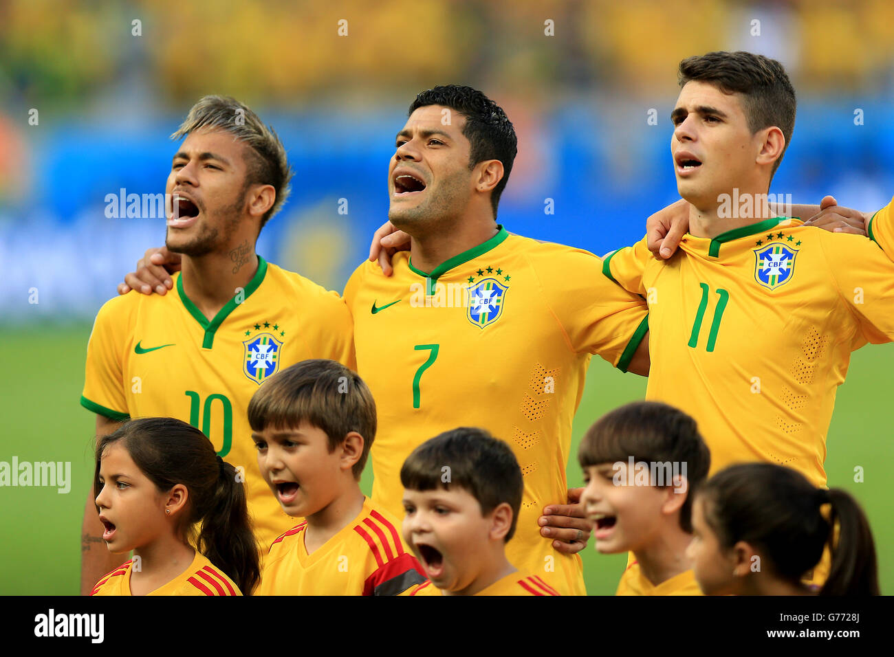 (Left to Right) Brazil's Neymar, Hulk and Oscar Stock Photo