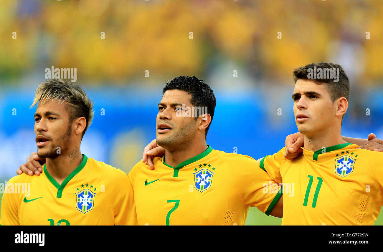 Soccer - FIFA World Cup 2014 - Quarter Final - Brazil v Colombia - Estadio Castelao. (Left to Right) Brazil's Neymar, Hulk and Oscar Stock Photo