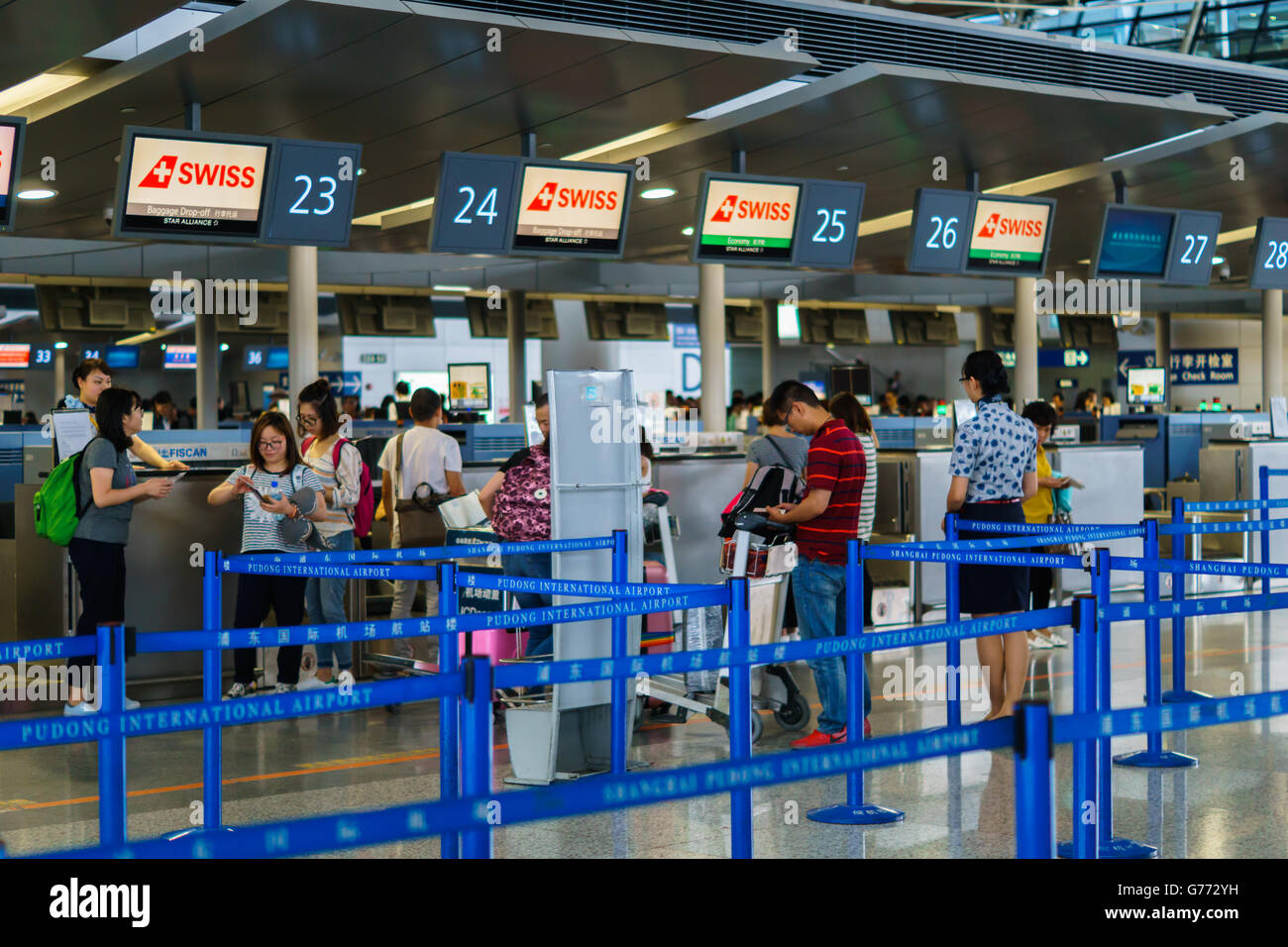 Airport check-in counter control, Swiss Air, Shanghai Pudong Airport, China Stock Photo
