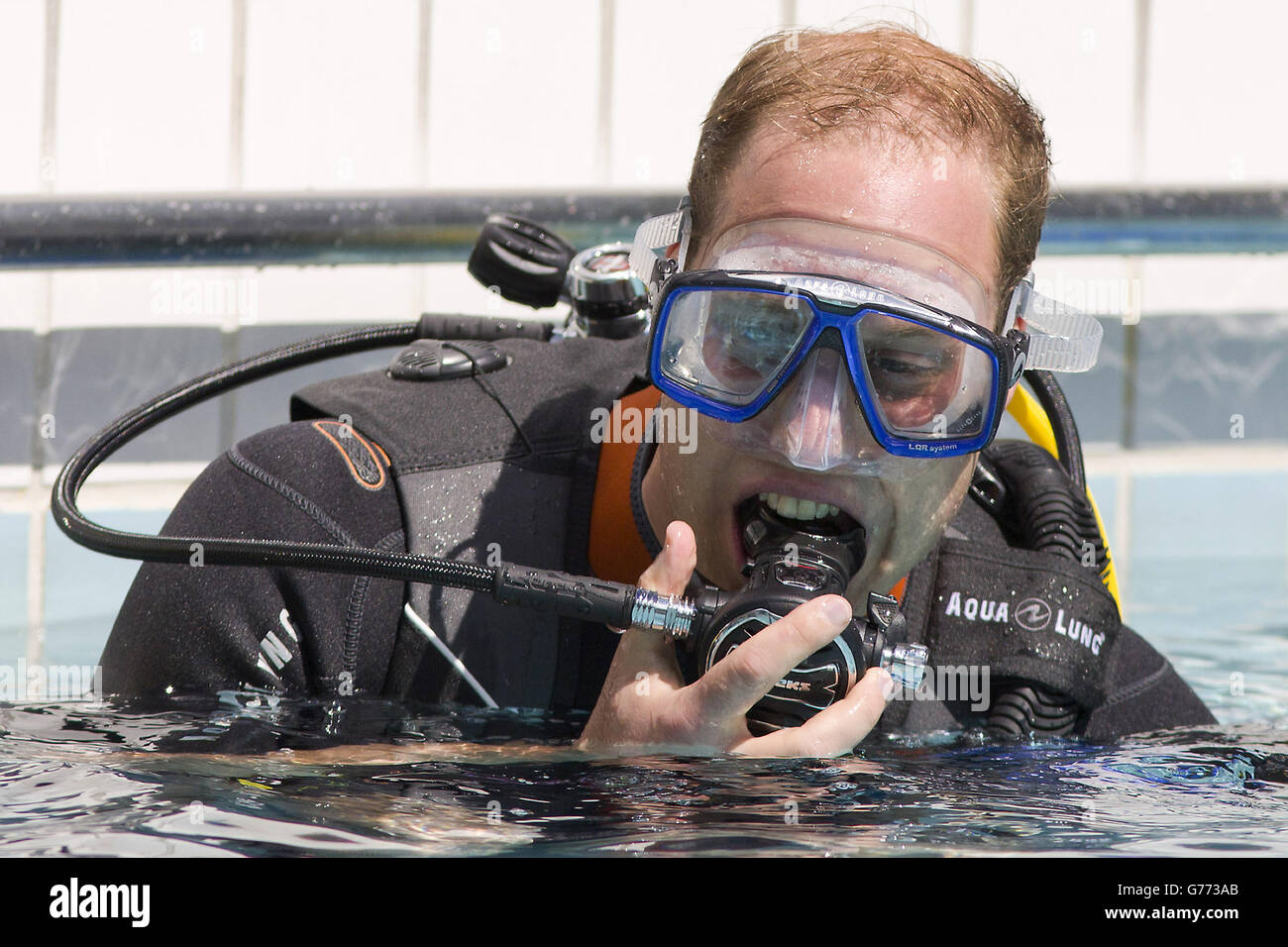The Duke of Cambridge scuba dives with British Sub-Aqua Club (BSAC) members at a swimming pool in London. Stock Photo