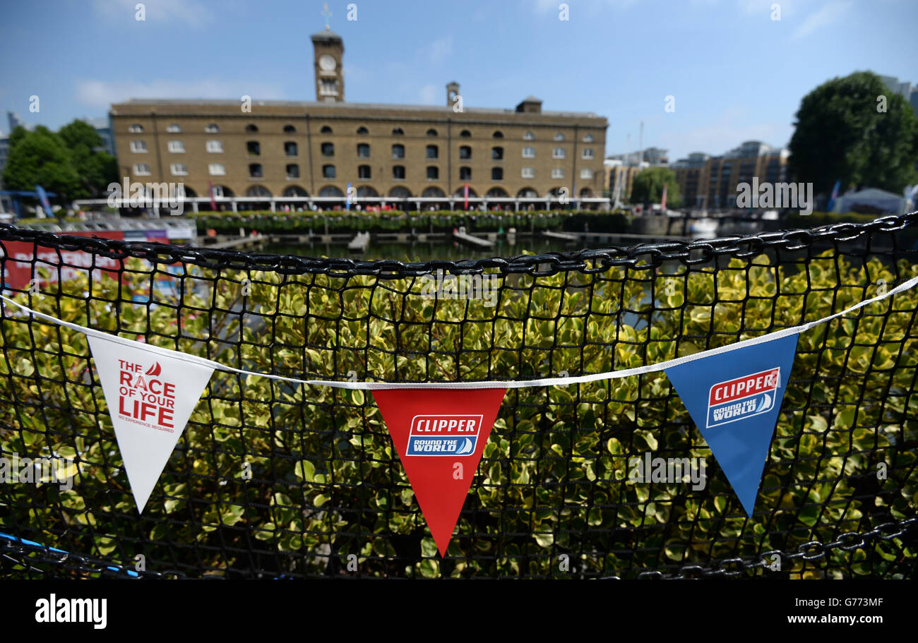 Clipper branded flags on display during the Round the World Race Finish in London Stock Photo