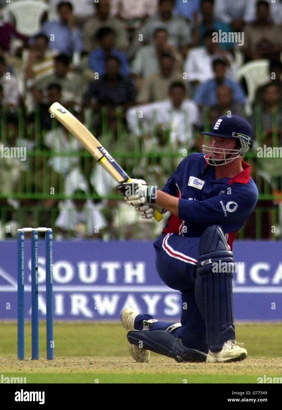 England's Ian Blackwell whacks a six at the Premadasa Stadium Colombo, Sri Lanka in the England v India ICC Trophy Pool match. Stock Photo