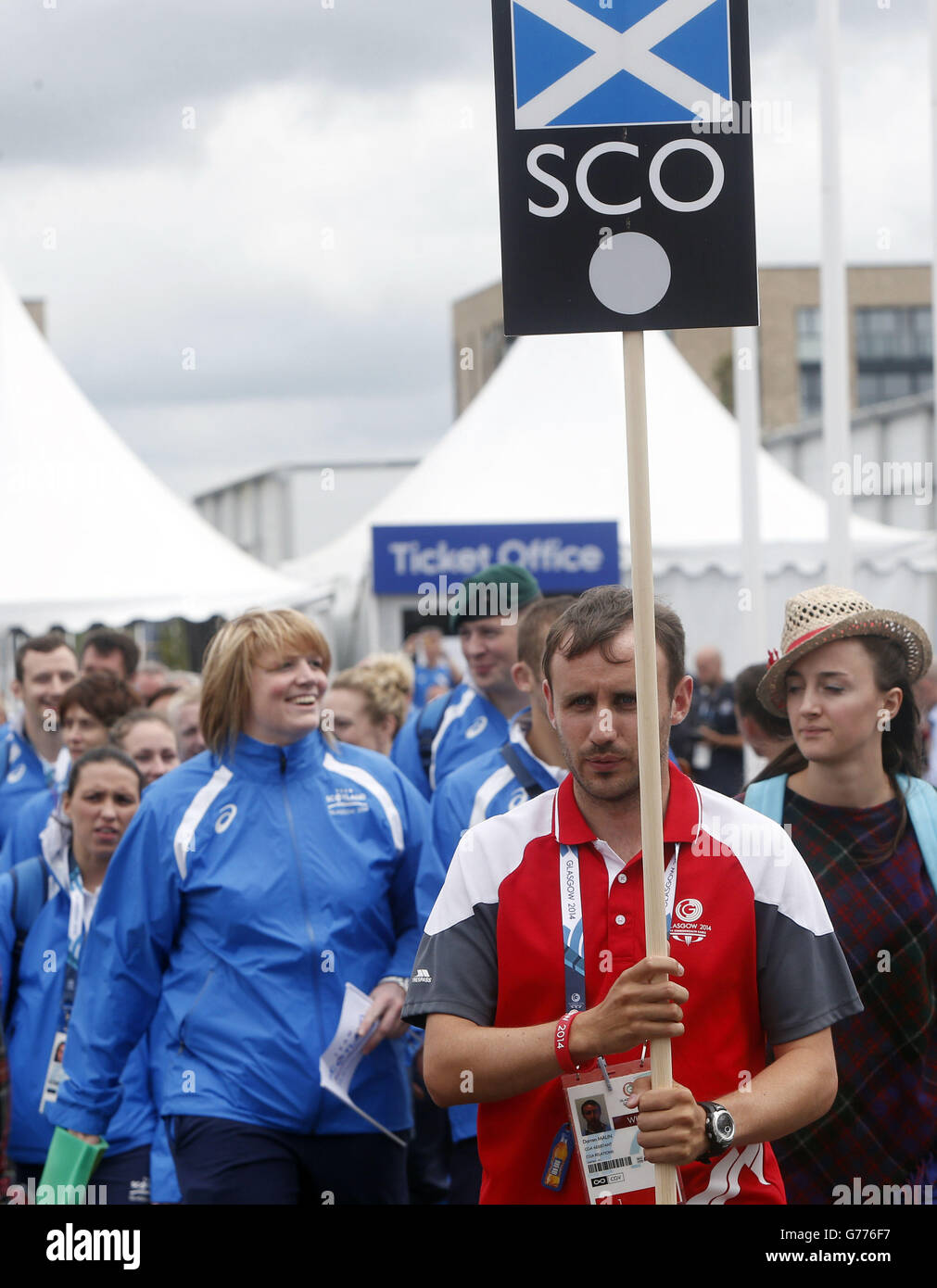 Members of team Scotland during the Team Scotland welcome ceremony at the Glasgow 2014 Commonwealth Games Athletes' Village in Glasgow, Scotland. Stock Photo