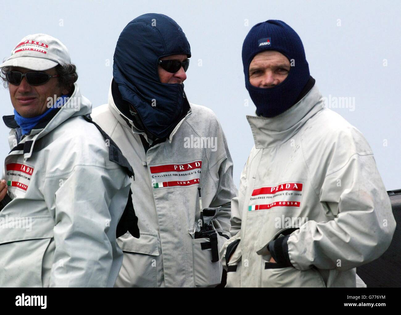 Torben Grael (right), tactician with the Italian America's Cup syndicate,  owned by fashion house Prada, sports a balaclava in the Hauraki Gulf off  Auckland, New Zealand. * High winds and squalls dogged