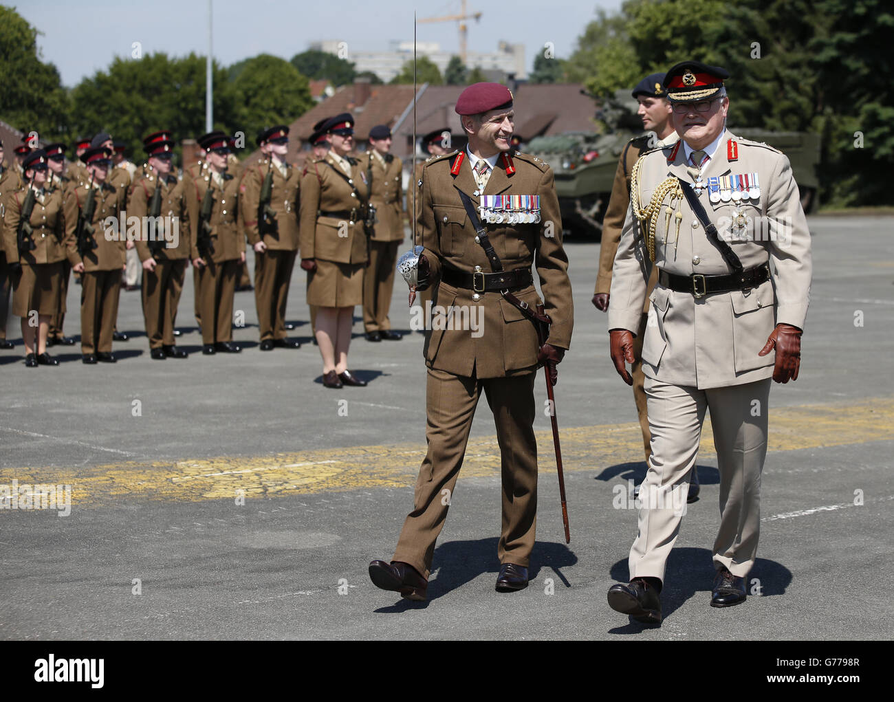 The Chief of the General Staff General Sir Peter Wall (right) accompanied by Major General James Chiswell during a renaming parade at Hammersmith Barracks, Herford, Germany. Stock Photo
