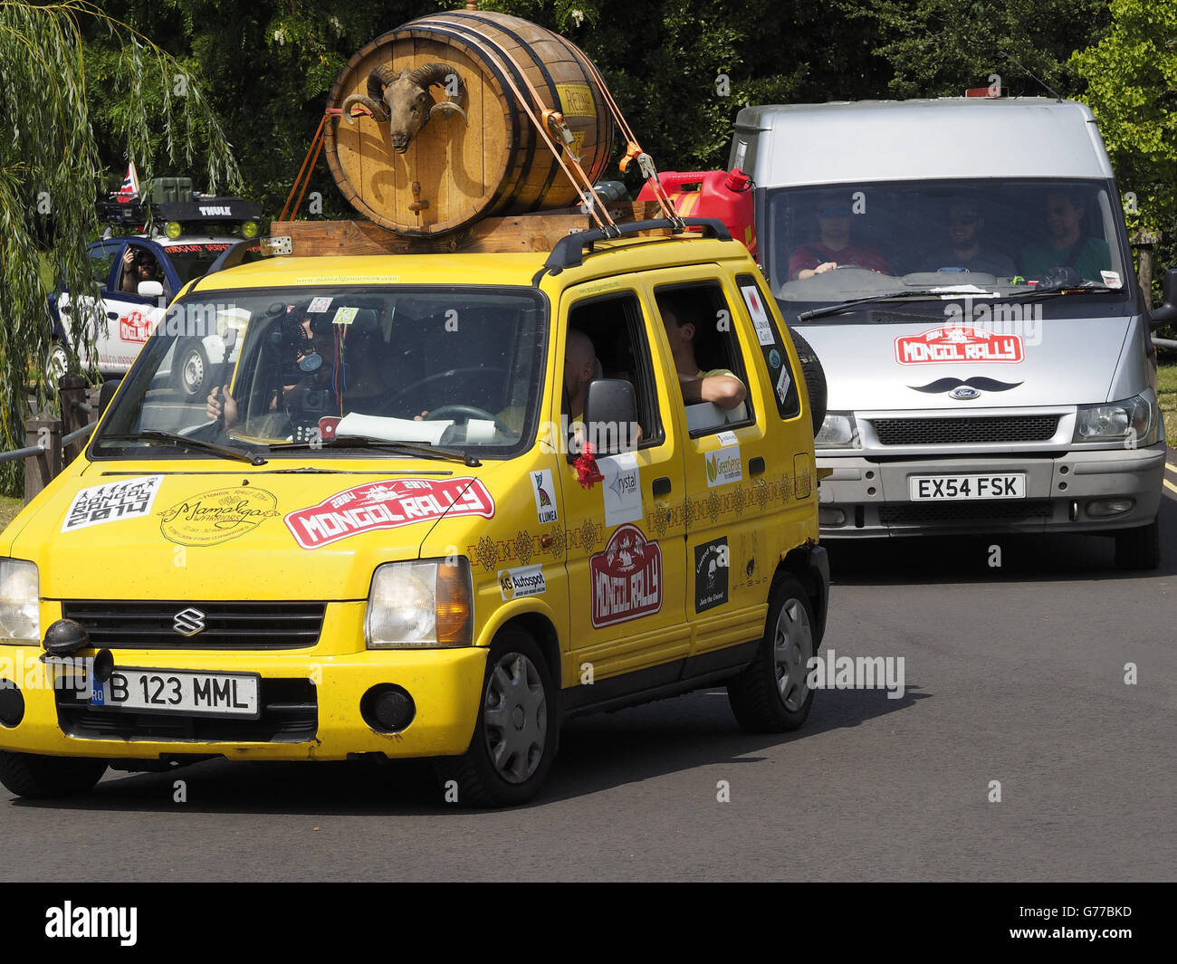 A Suzuki from the Mamaliga Warriors arrives at London's Battersea Park to take part the 11th edition of the annual Mongol Rally, a charity 10,000 mile drive to Mongolia. Stock Photo