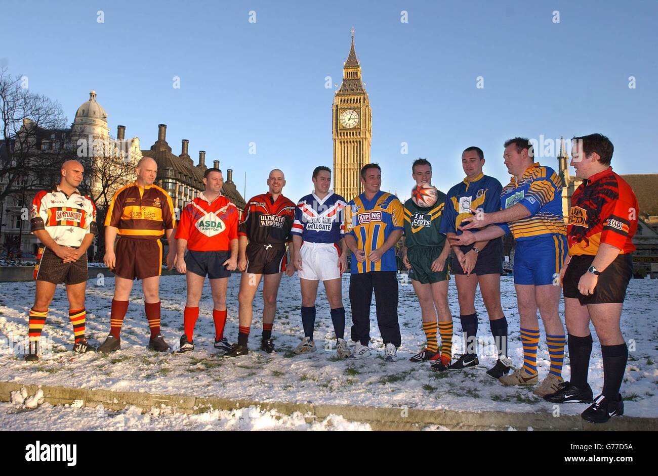 Rugby League players throw a ball in Parliament Square. The Rugby