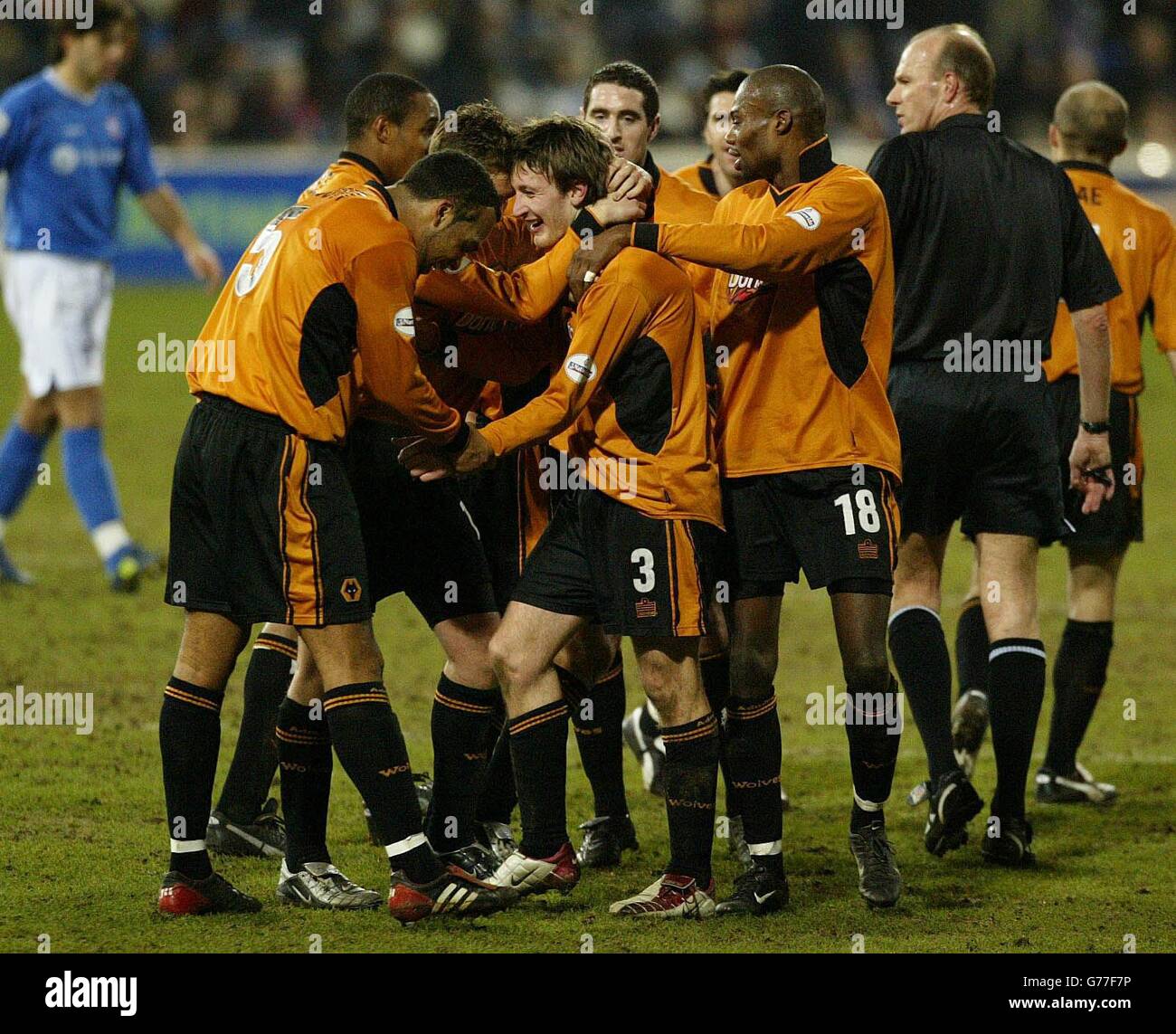 Wolves' Lee Naylor (centre, no.3) celebrates with team-mates after scoring against Ipswich Town during the Nationwide Division One game at Portman Road, Ipswich. NO UNOFFICIAL CLUB WEBSITE USE. Stock Photo