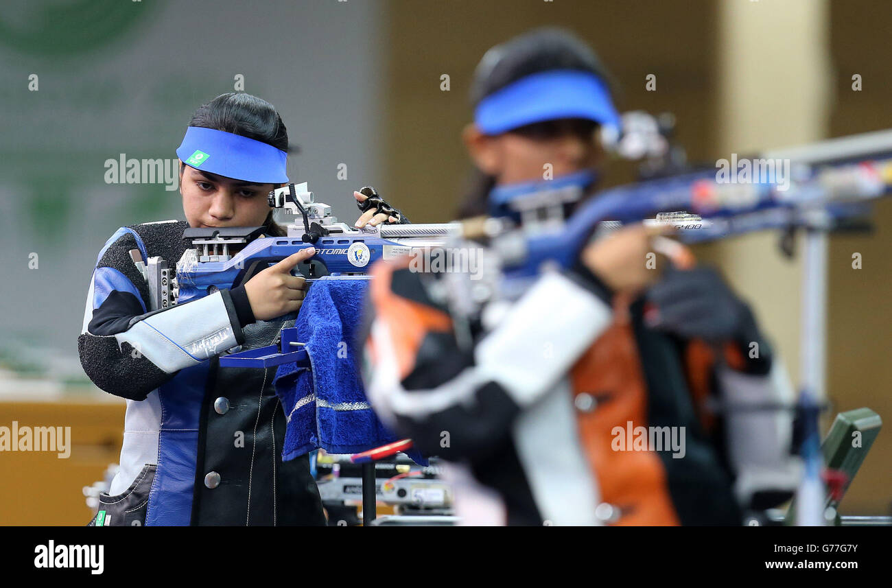 India's gold medalist Apurvi Chandela composes herself during 10m Rifle Women Final the at the Barry Buddon Shooting Centre in Carnoustie, during the Glasgow 2014 Commonwealth Games. Stock Photo