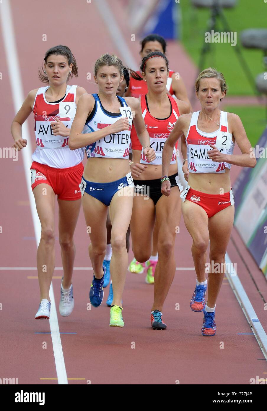 (left to right) England's Kate Avery, Scotland's Beth Potter, Wales Elinor Kirk and England's Sonia Samuels in the Women's 10,000m Final at Hampden Park, during the 2014 Commonwealth Games in Glasgow. Stock Photo