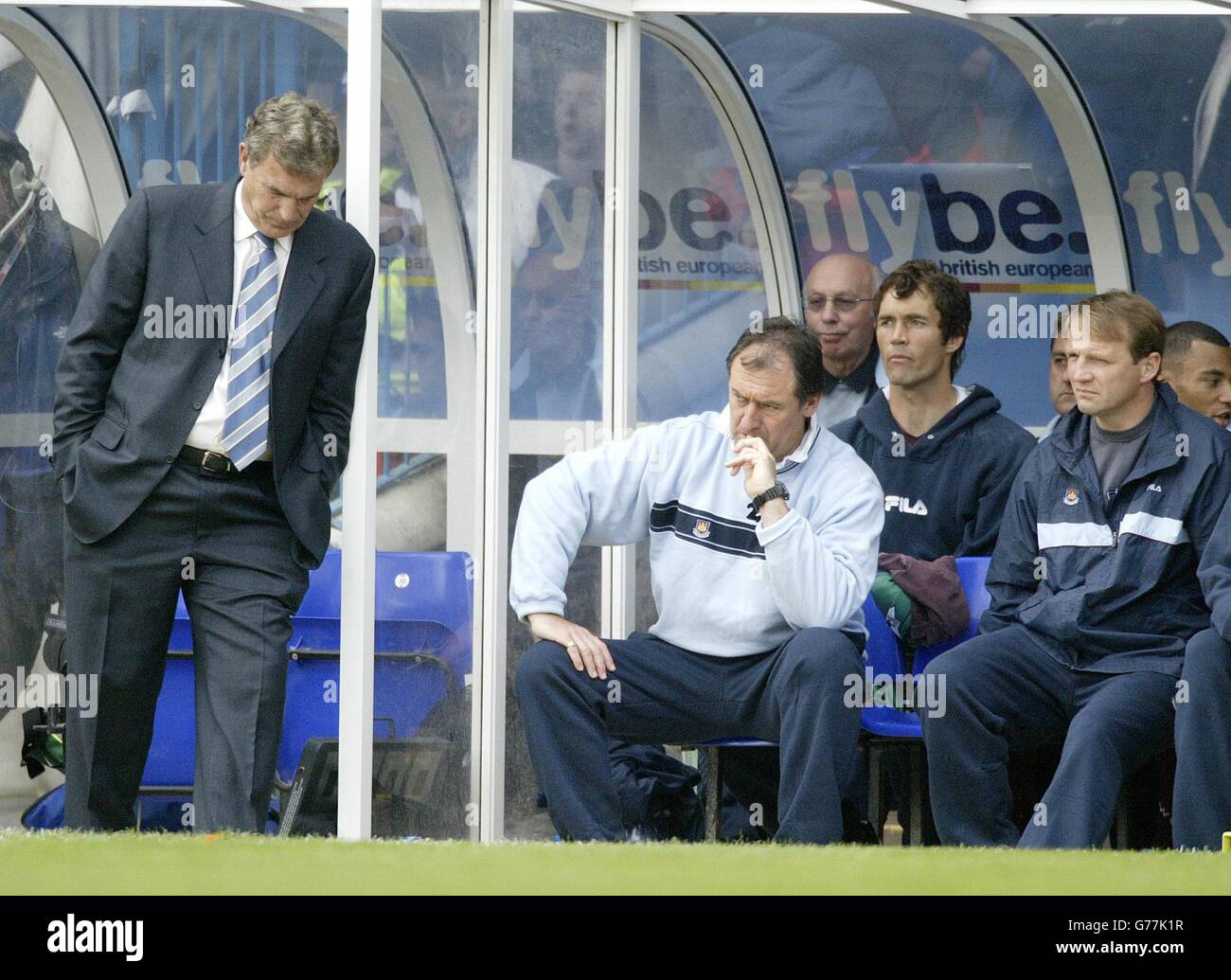 West Ham United caretaker manager Trevor Brooking (left) with coaches Paul Goddard (right) & Roger Cross show their dejection as they watch their side against Birmingham during their FA Barclaycard Premiership match at Birmingham's St Andrews ground. Stock Photo