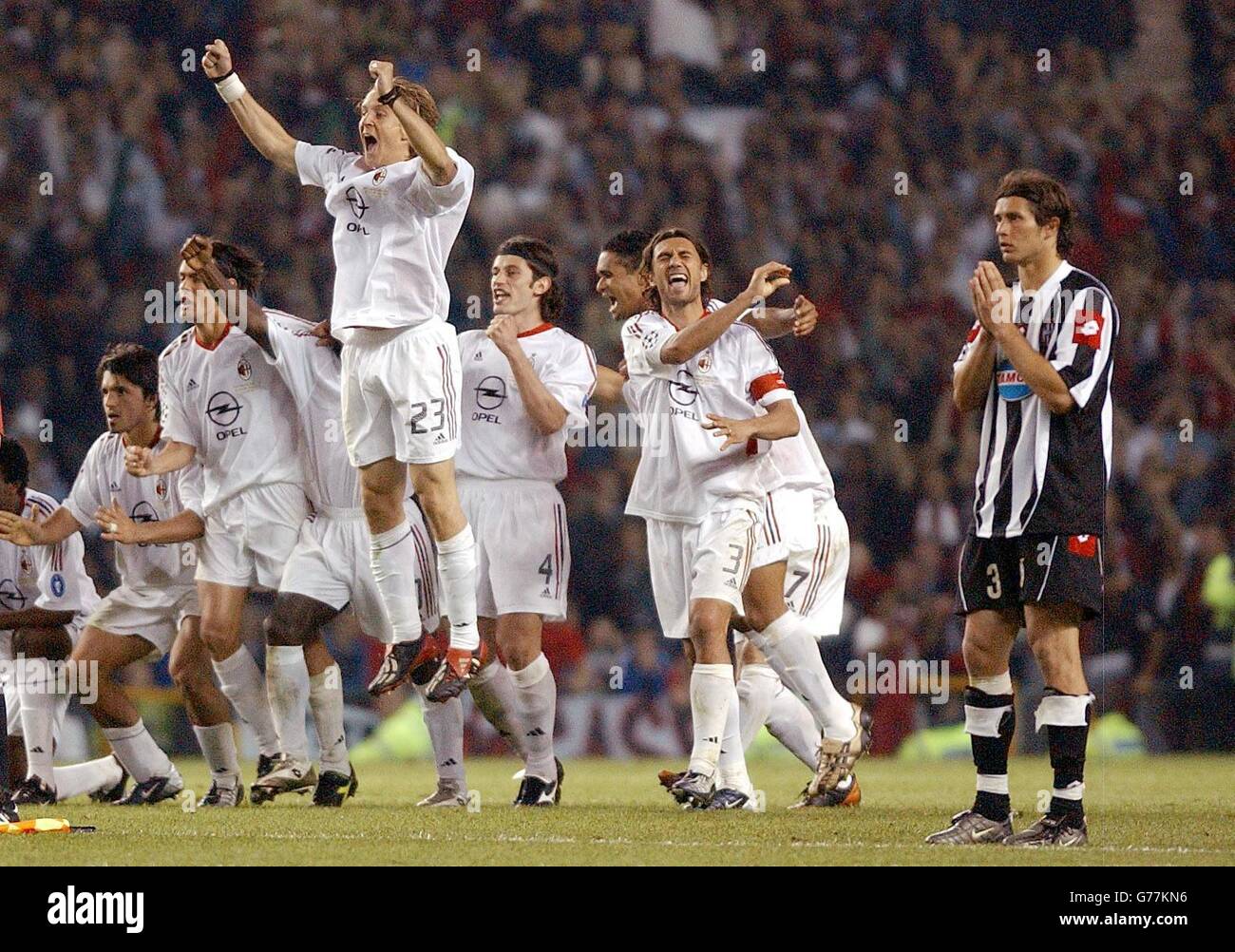 Delight for AC Milan as they win the UEFA Champions League Final and despair for Juventus the beaten finalists at Old Trafford, Manchester. Stock Photo