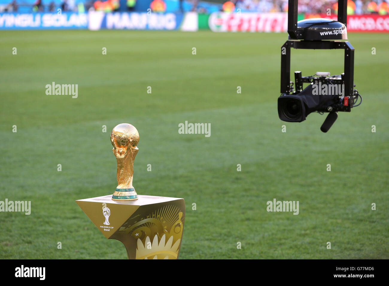 Soccer - FIFA World Cup 2014 - Final - Germany v Argentina - Estadio do Maracana. The World Cup trophy on it's plinth before the final Stock Photo