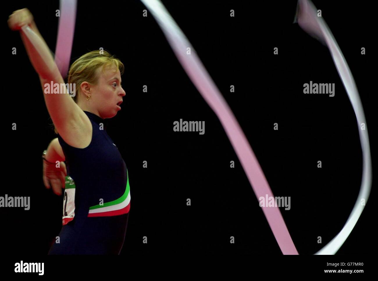 Italian Serena Silvi, competing in the ribbon section of the gymnastics competition, at the Royal Dublin Society halls, Dublin, the Republic of Ireland, in the 2003 Special Olympics World Summer Games. Stock Photo