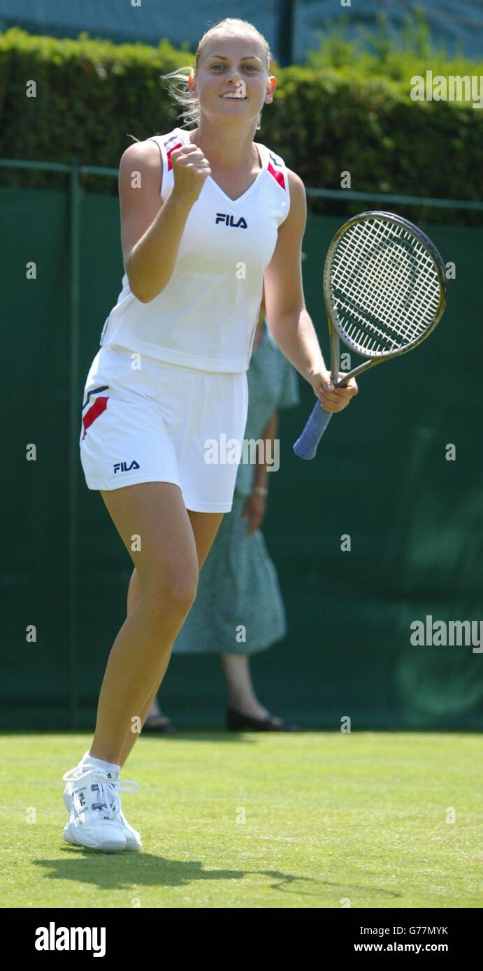 - Jelena Dokic of Serbia Montenegro celebrates her win over Britain's Elena Baltacha 6:3/1:6/6:4 at the All England Lawn Tennis Championships in Wimbledon. Stock Photo