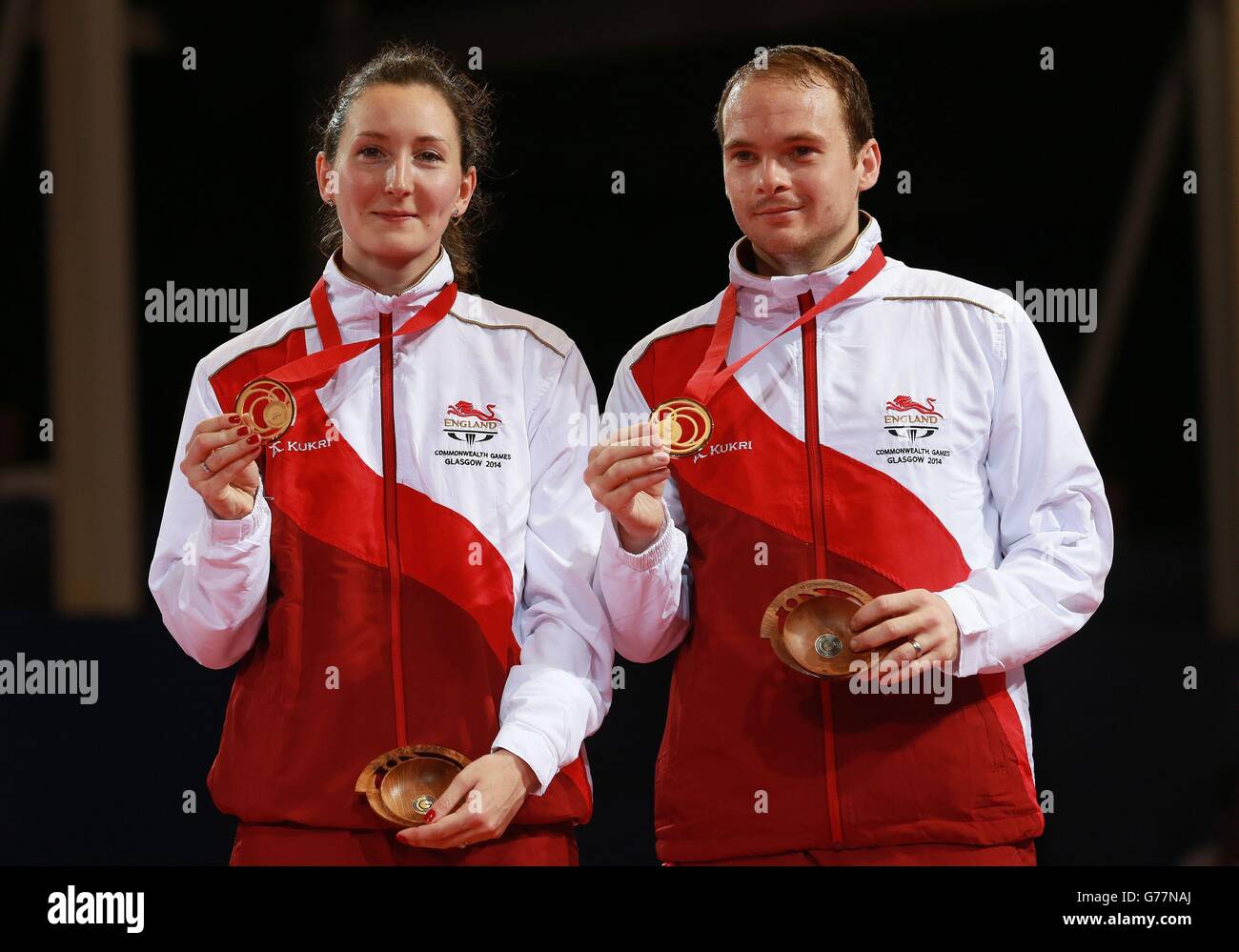 England's Joanna and Paul Drinkhall celebrate winning gold in the Mixed