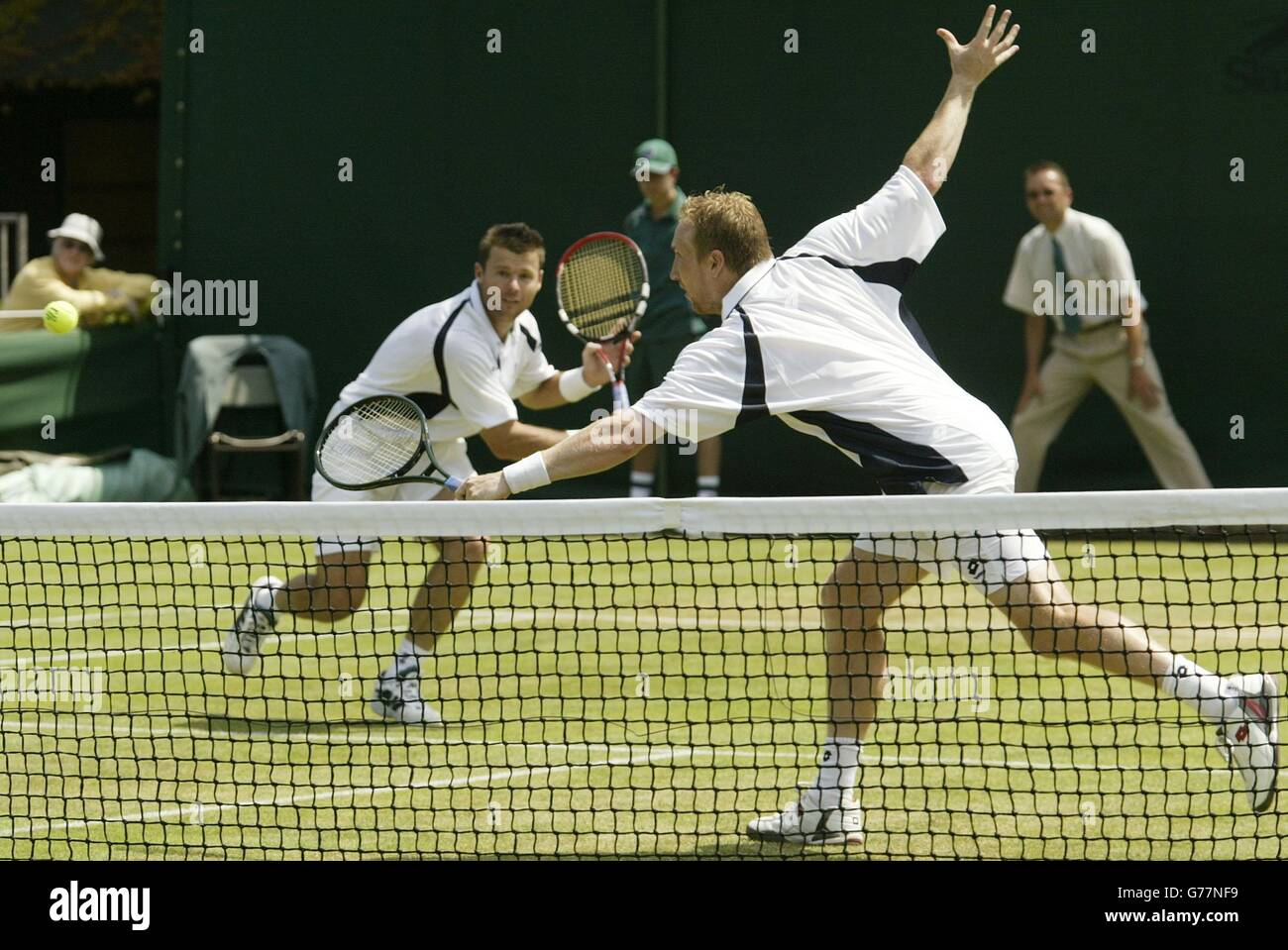 British doubles pairing Miles MacLagan and Martin Lee in action against Scott Humphries and Mark Merlkein at the All England Lawn Tennis Championships. MacLagan and Lee went through 7:6/7:6/6:4. , NO MOBILE PHONE USE. Stock Photo
