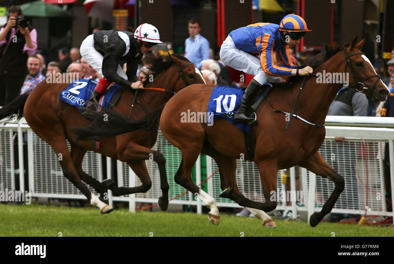 Toogoodtobetrue ridden by Joseph O'Brien (right) wins the Sycamore Lodge Equine Hospital European Breeders Fund Fillies Maiden ahead of Gussy Goose ridden by Fran Berry during Kilboy Estate Stakes/Defence Forces Day at Curragh Racecourse, County Kildare. Stock Photo