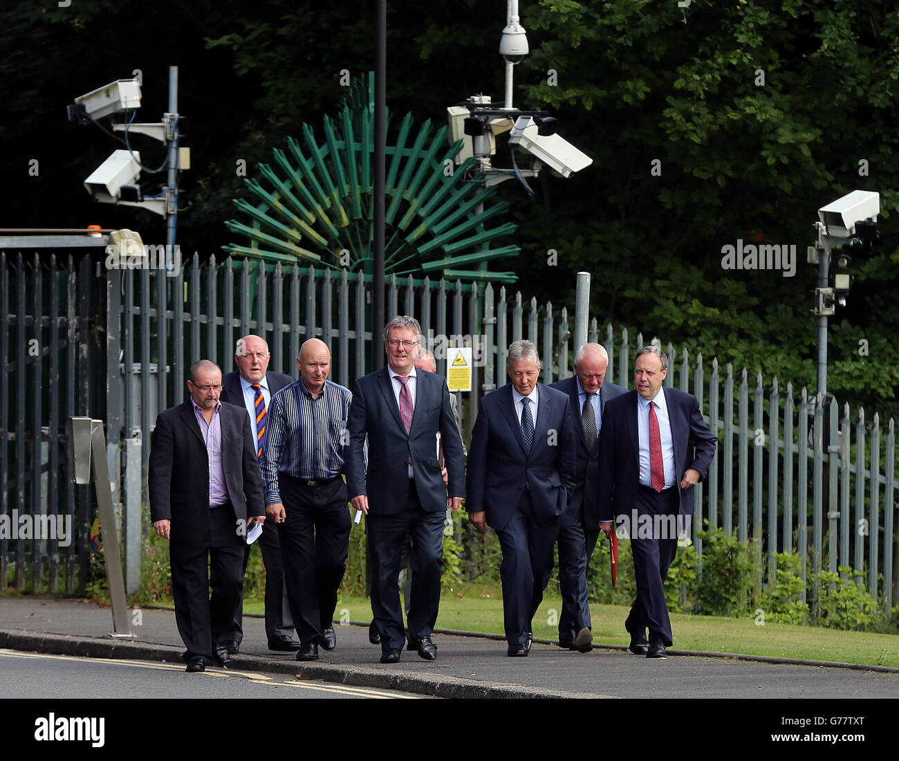 The combined Unionist and Loyalist leaders after a meeting with Northern Ireland Secretary Theresa Villiers at Stormont today to discuss their call for a commission of inquiry into the Crumlin Road parading dispute. Stock Photo