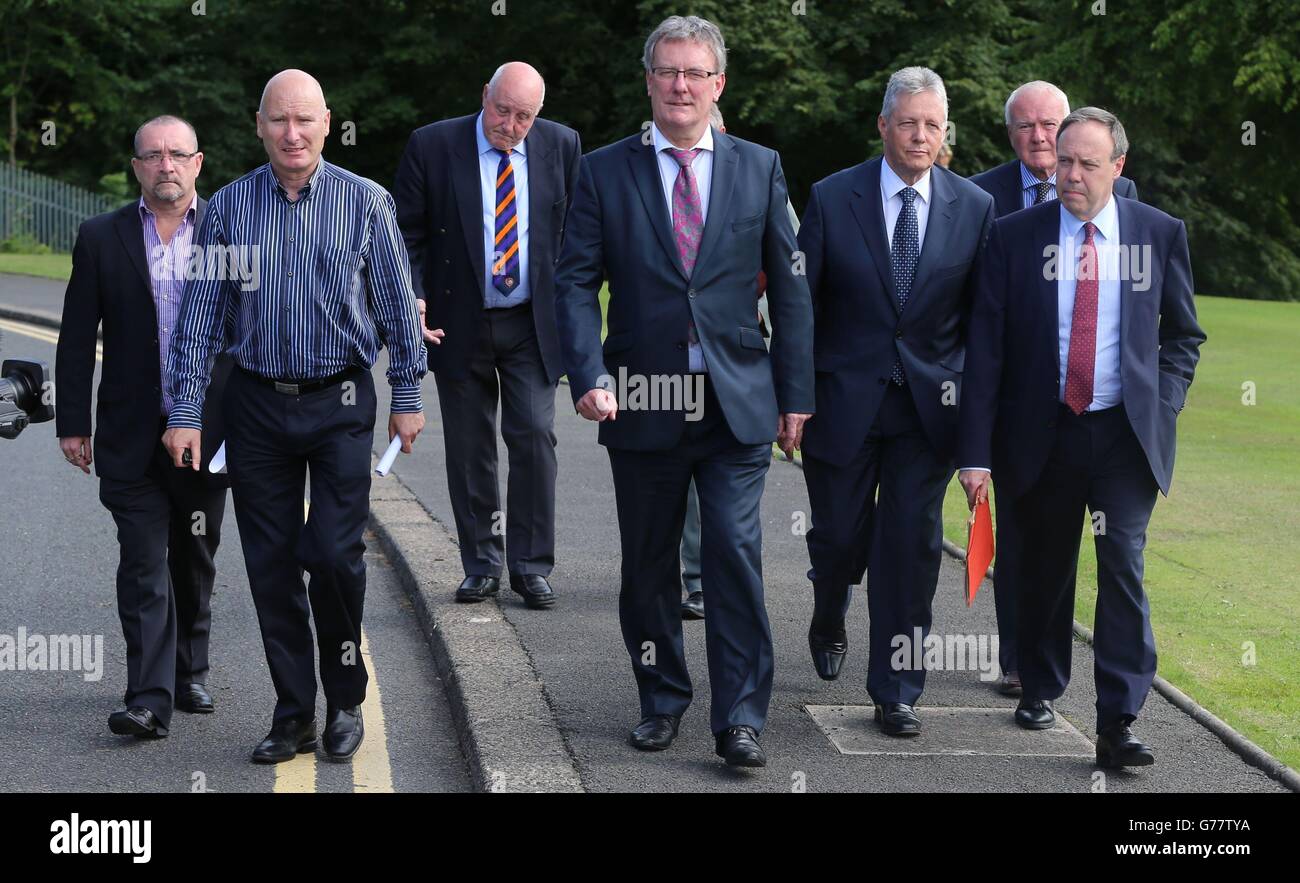 The combined Unionist and Loyalist leaders after a meeting with Northern Ireland Secretary Theresa Villiers at Stormont today to discuss their call for a commission of inquiry into the Crumlin Road parading dispute. Stock Photo