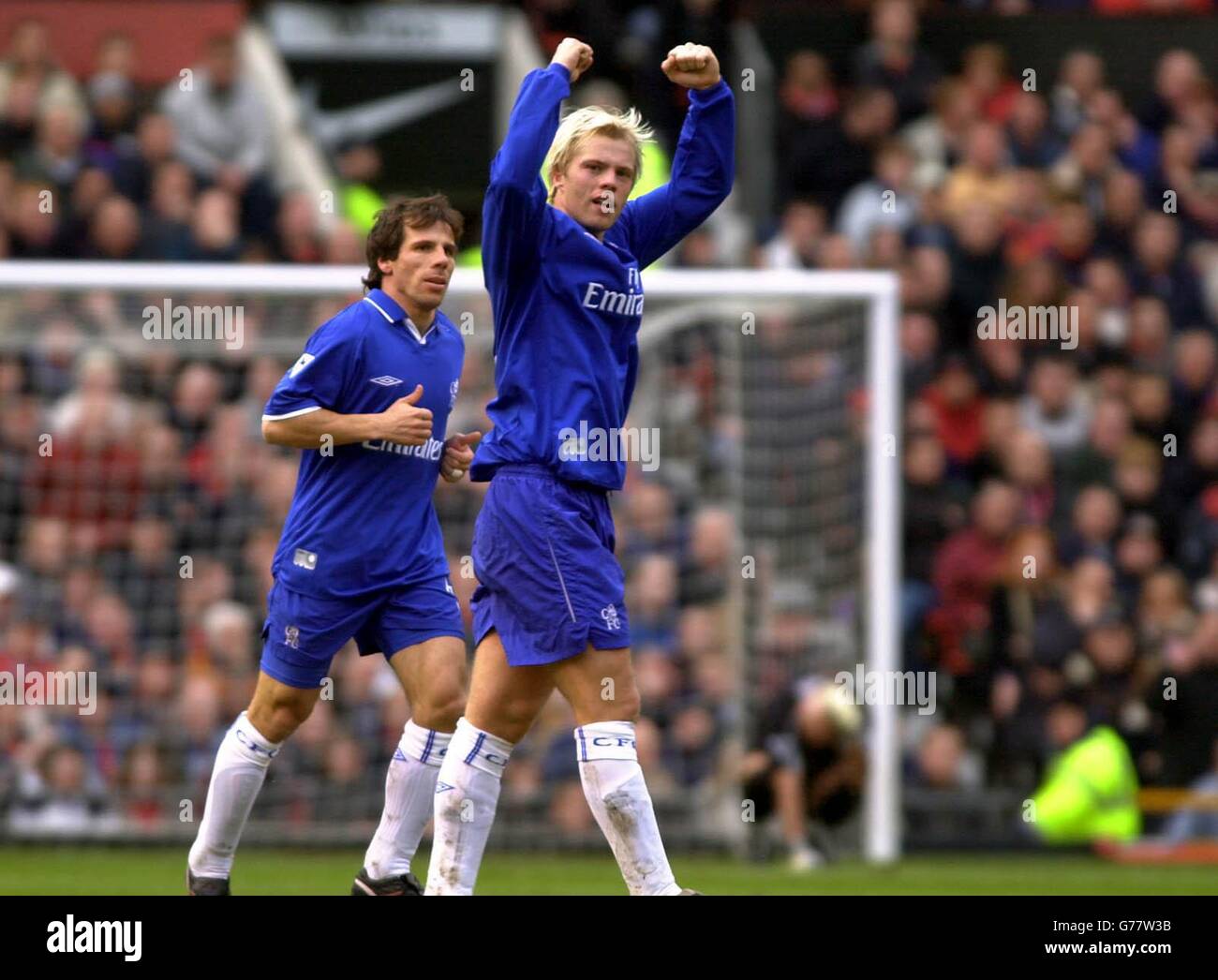 Eidur Gudjohnsen Of Chelsea Celebrates His Goal Against Manchester United As Manchester Goalkeeper Fabien Barthez Looks Despondent R During Their Barclaycard Premiership Match At Old Trafford Manchester Stock Photo Alamy