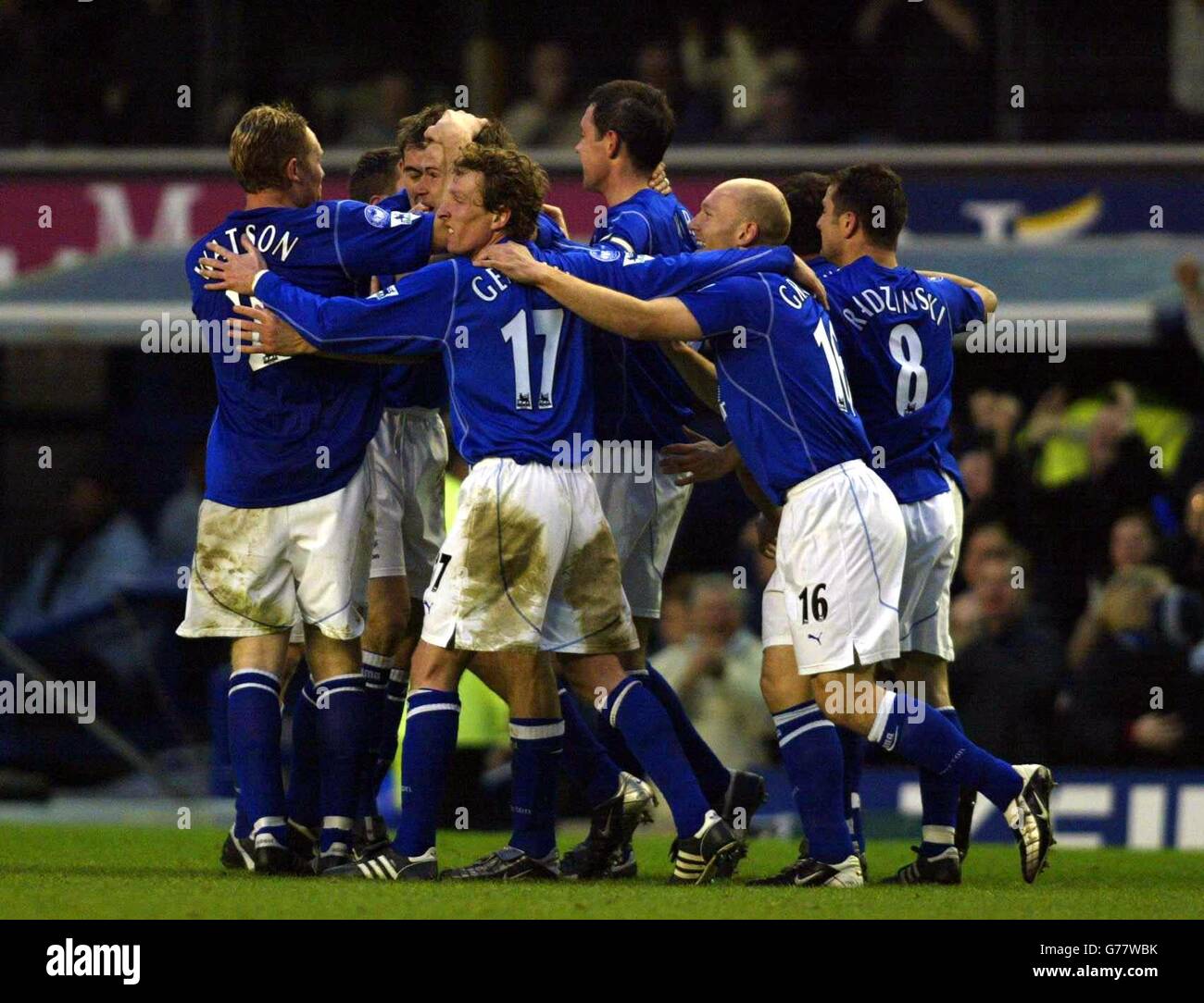 Everton players celebrate with (just visible third from left) Brian