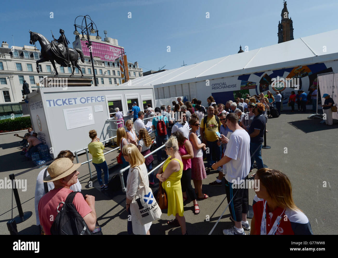 Long queues at the Commonwealth games Ticket Office in Glasgow City centre ahead of the Glasgow Commonwealth Games Opening Ceremony which takes place this evening. Stock Photo