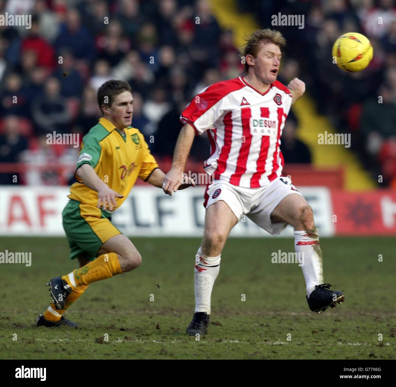 Sheffield United's Stuart McCall holds off Norwich City's Paul McVeigh (L)during their Nationwide Division One match at Sheff United's Bramall Lane. NO UNOFFICIAL CLUB WEBSITE USE. Stock Photo