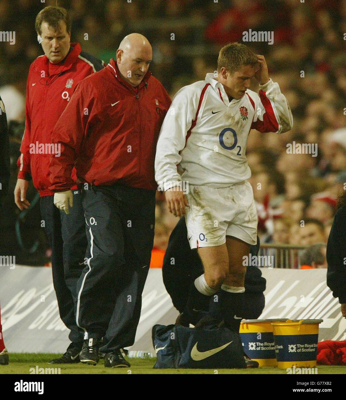 England's Jonny Wilkinson is taken off with injury during his team's 26-9 defeat victory over Wales in their RBS 6 Nations Championship match at the Millennium Stadium, Cardiff. Stock Photo